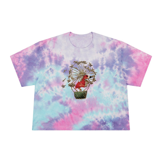 Women’s Tie-Dye Crop Tee with Colorful Flamingo in a Dandelion Hot Air Balloon Embroidery Graphic Design