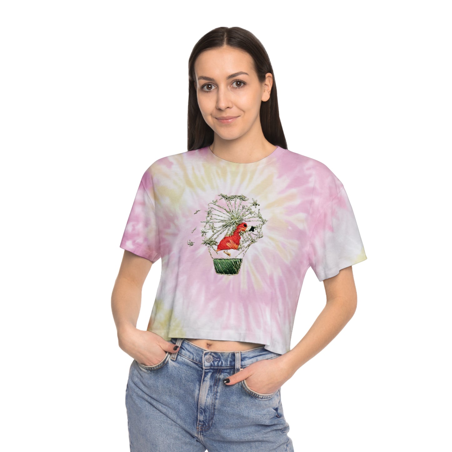 Women’s Tie-Dye Crop Tee with Colorful Flamingo in a Dandelion Hot Air Balloon Embroidery Graphic Design