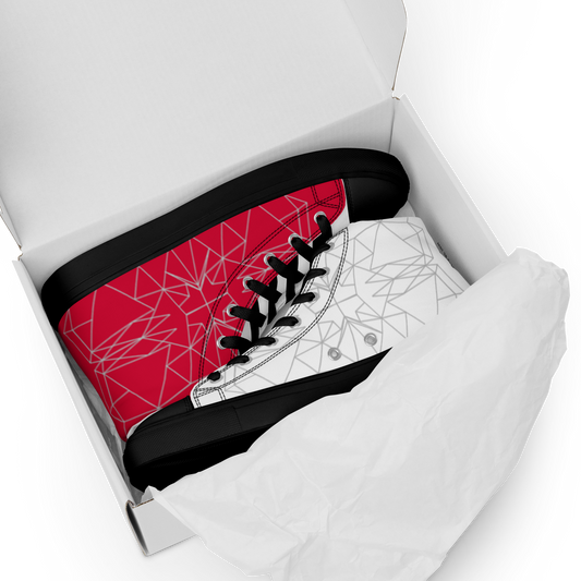 Women's "Asymmetrical Red & White Geometrics" High Top Canvas Sneakers
