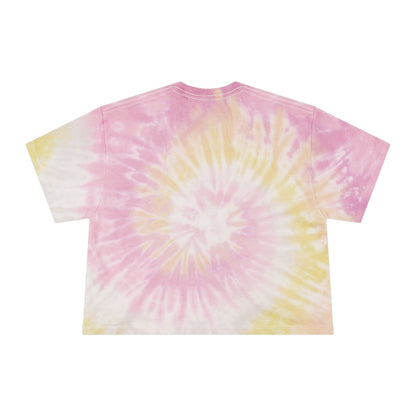Women’s Tie-Dye Crop Tee with Colorful Flamingo in a Dandelion Hot Air Balloon Embroidery Graphic Design