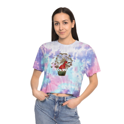 Women’s Tie-Dye Crop Tee with Colorful Flamingo in a Dandelion Hot Air Balloon Embroidery Graphic Design