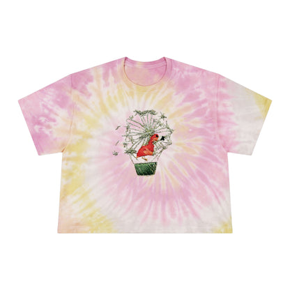 Women’s Tie-Dye Crop Tee with Colorful Flamingo in a Dandelion Hot Air Balloon Embroidery Graphic Design
