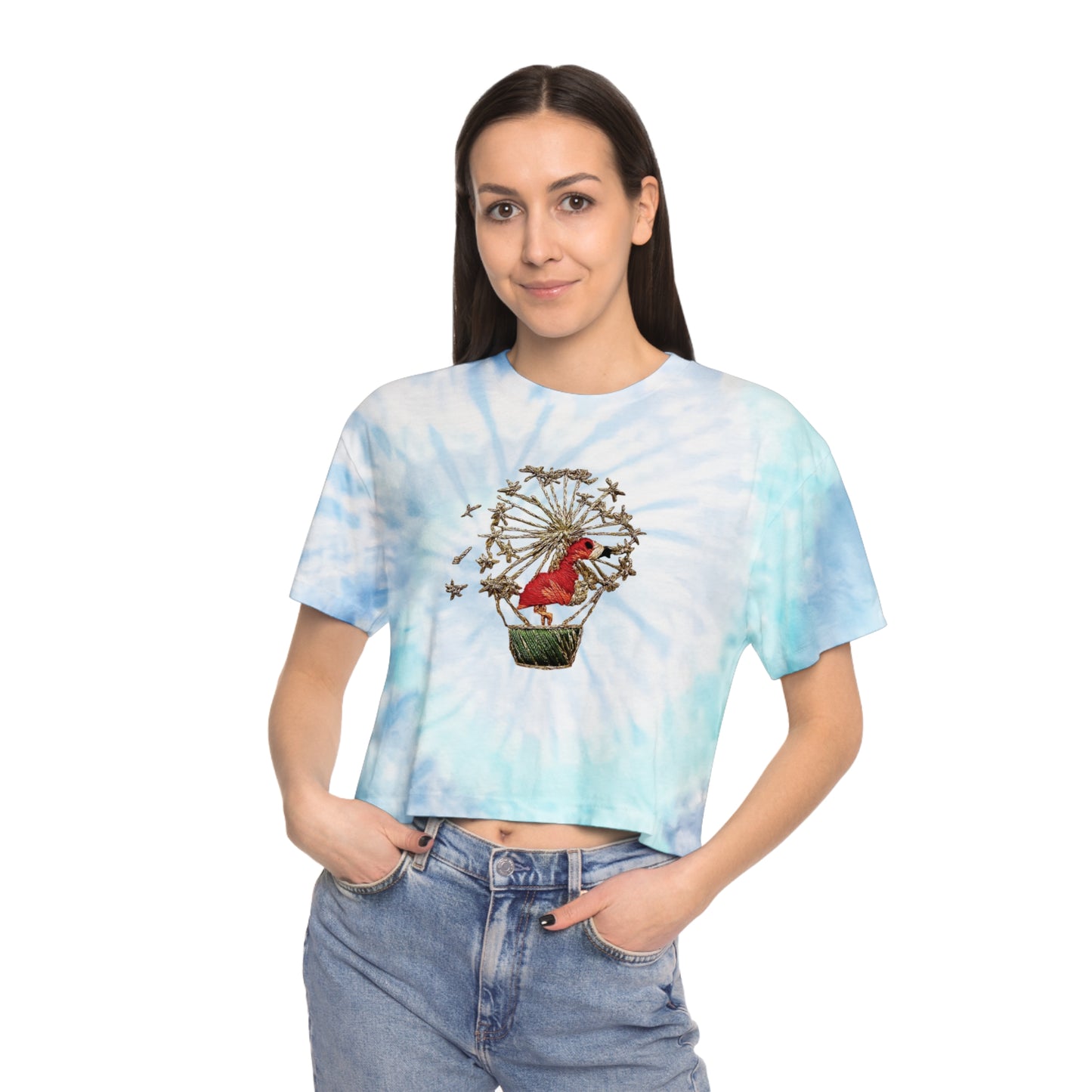 Women’s Tie-Dye Crop Tee with Colorful Flamingo in a Dandelion Hot Air Balloon Embroidery Graphic Design