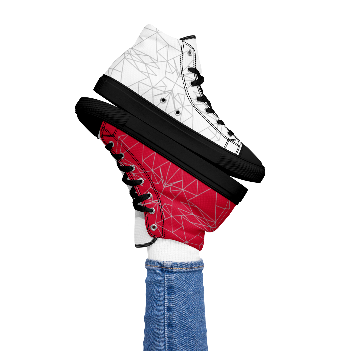 Women's "Asymmetrical Red & White Geometrics" High Top Canvas Sneakers