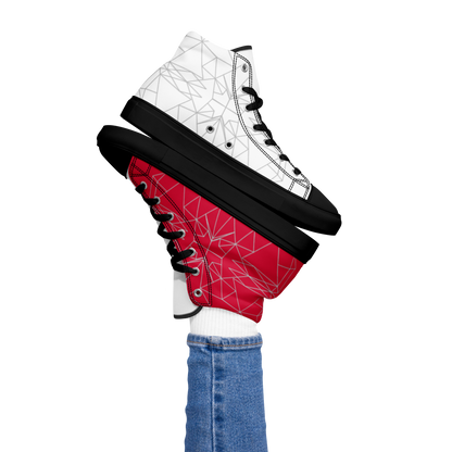 Women's "Asymmetrical Red & White Geometrics" High Top Canvas Sneakers