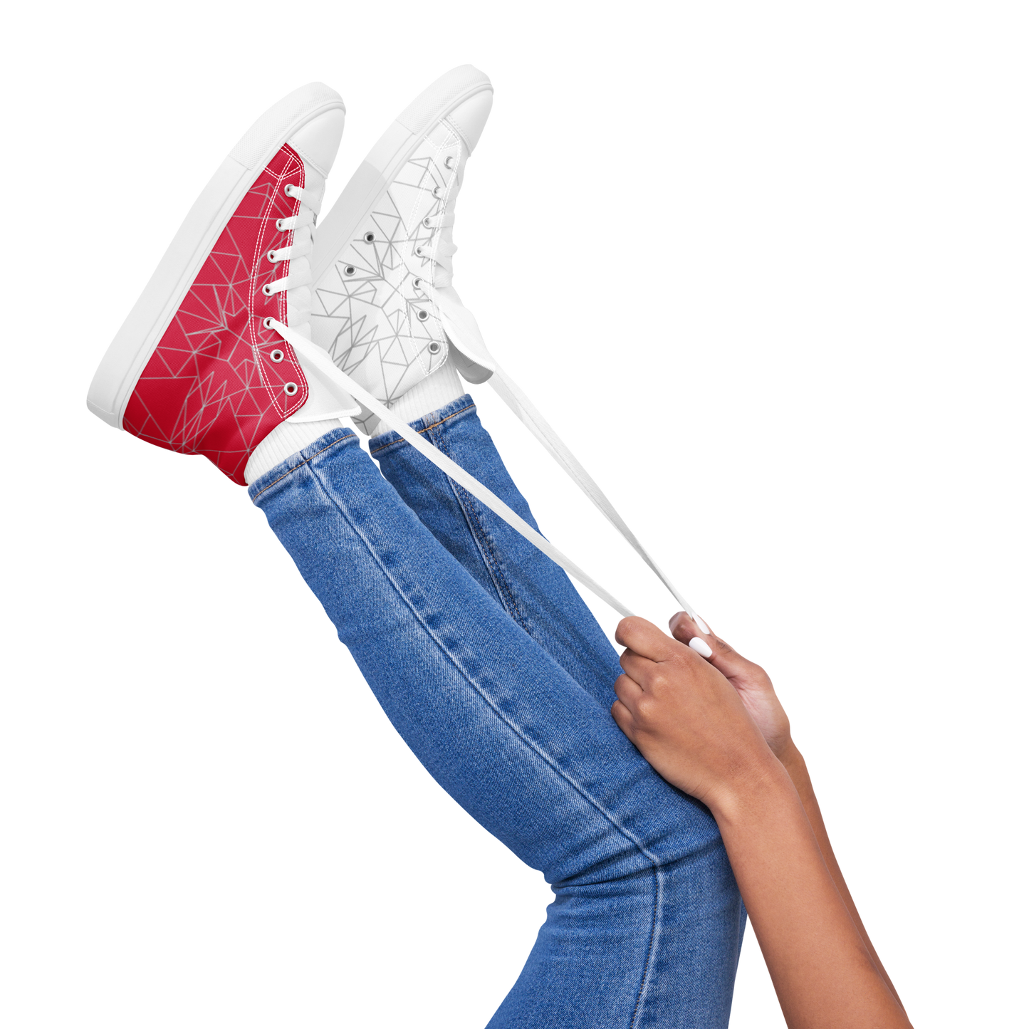 Women's "Asymmetrical Red & White Geometrics" High Top Canvas Sneakers