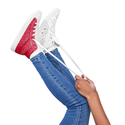 Women's "Asymmetrical Red & White Geometrics" High Top Canvas Sneakers