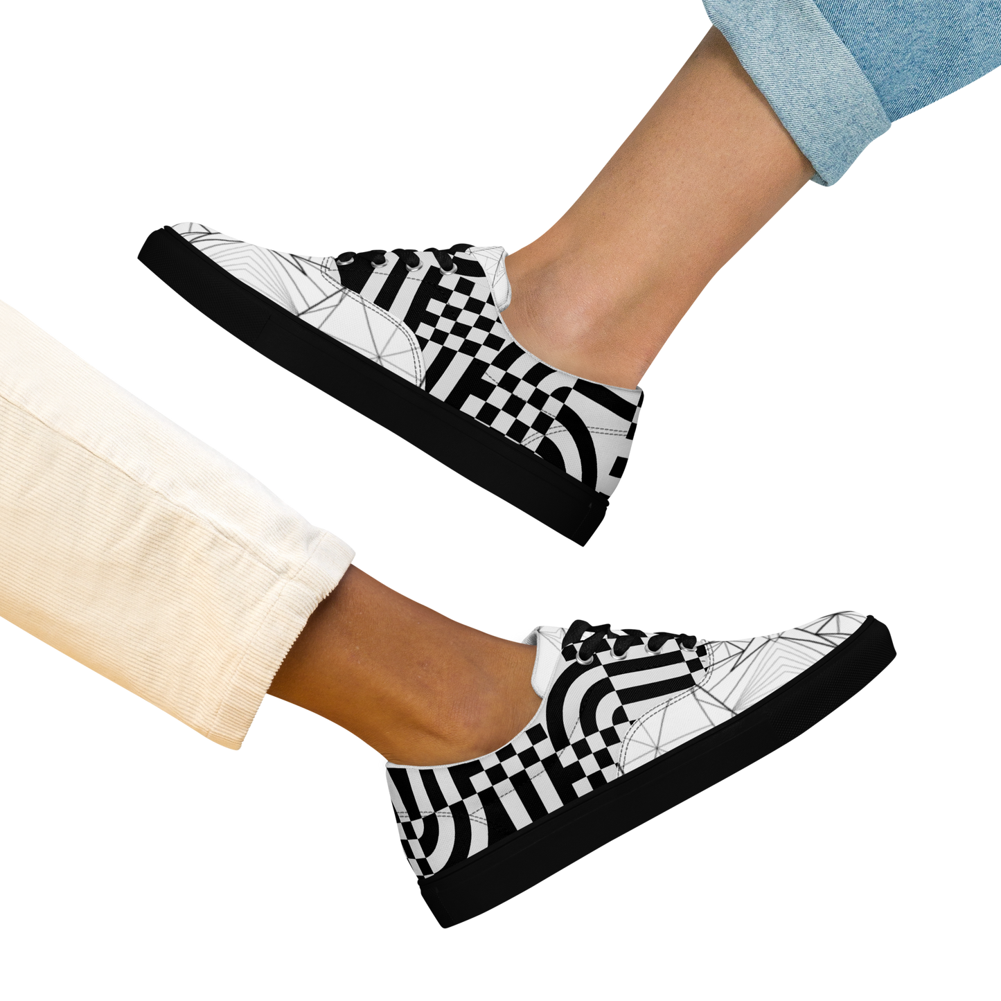 Women's "Black & White Geometrics" Lace Up Canvas Sneakers