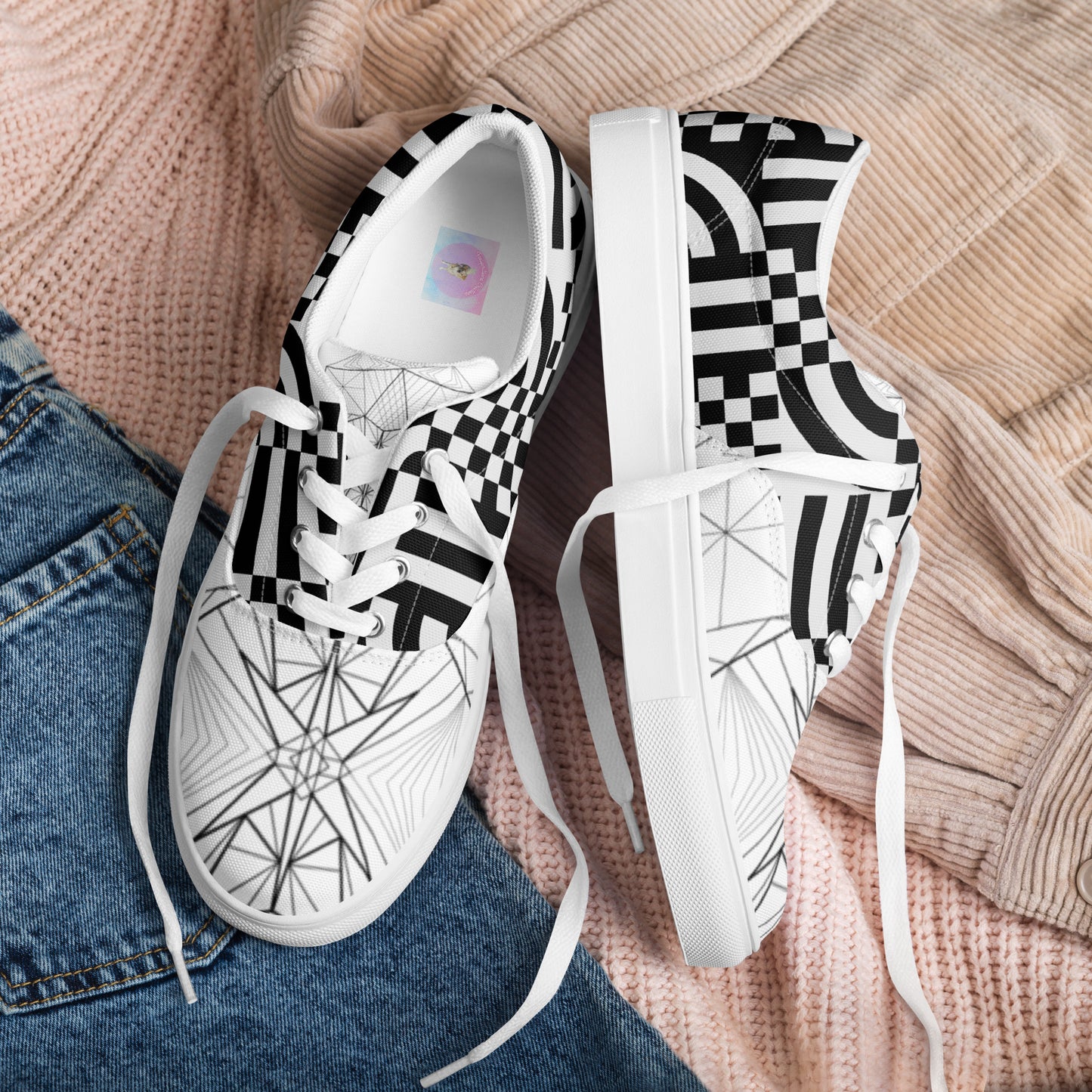 Women's "Black & White Geometrics" Lace Up Canvas Sneakers