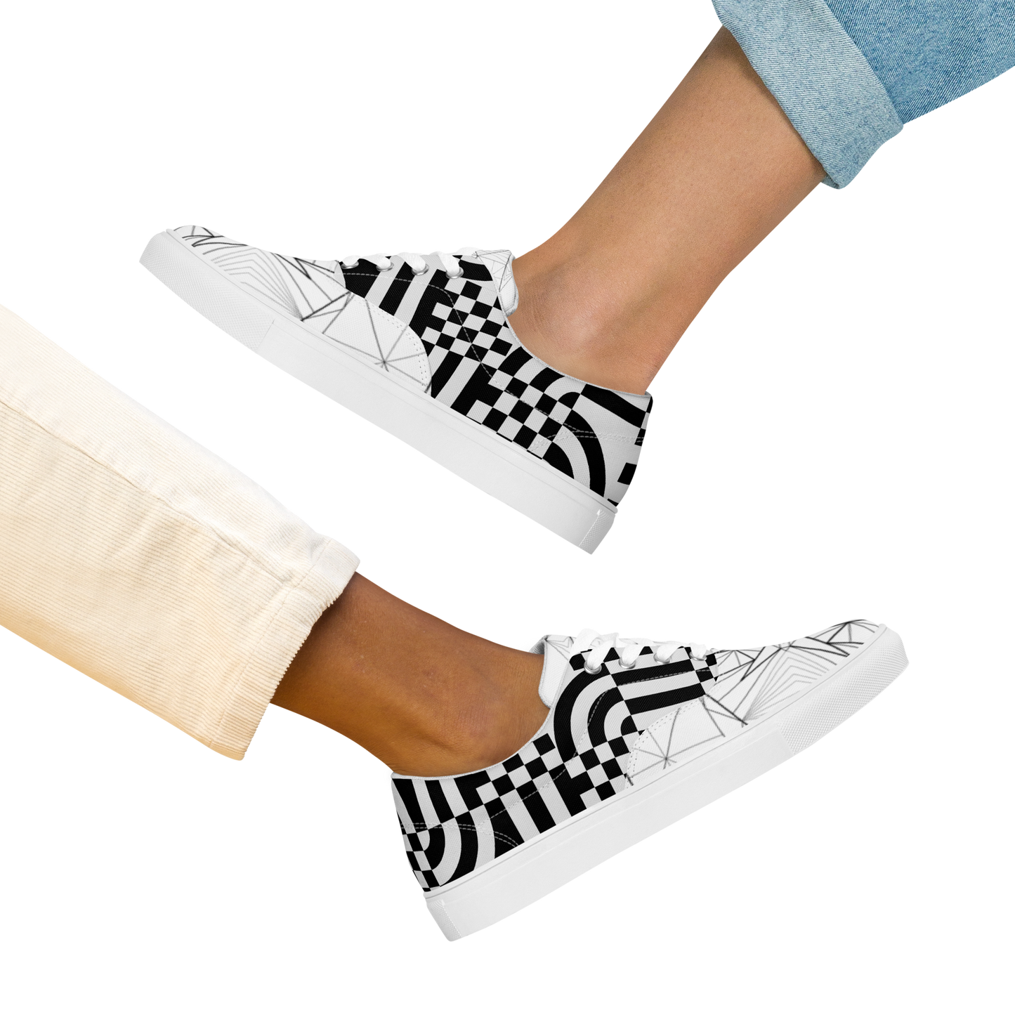 Women's "Black & White Geometrics" Lace Up Canvas Sneakers