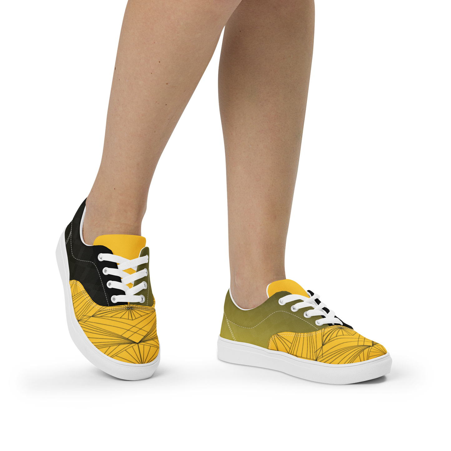Women's "Yellow & Black Geometrics" Lace Up Canvas Sneakers