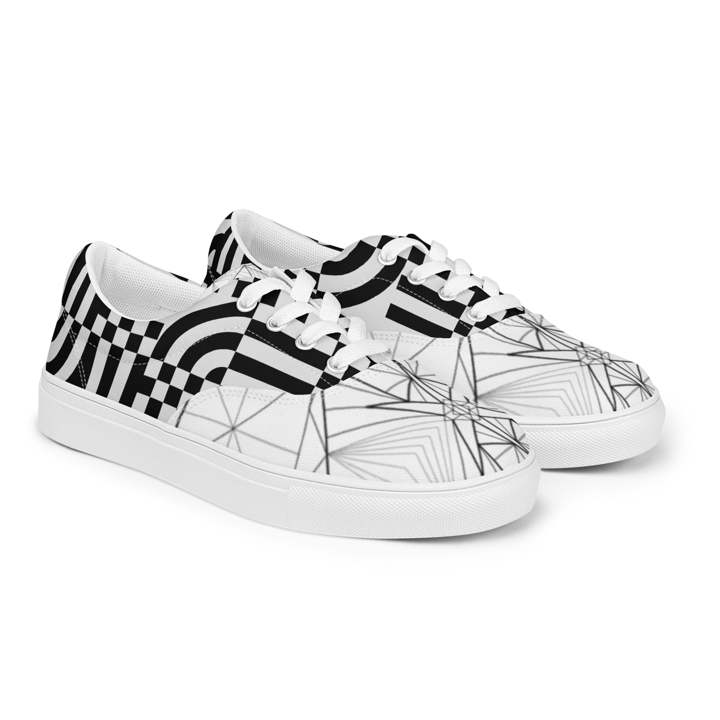 Women's "Black & White Geometrics" Lace Up Canvas Sneakers